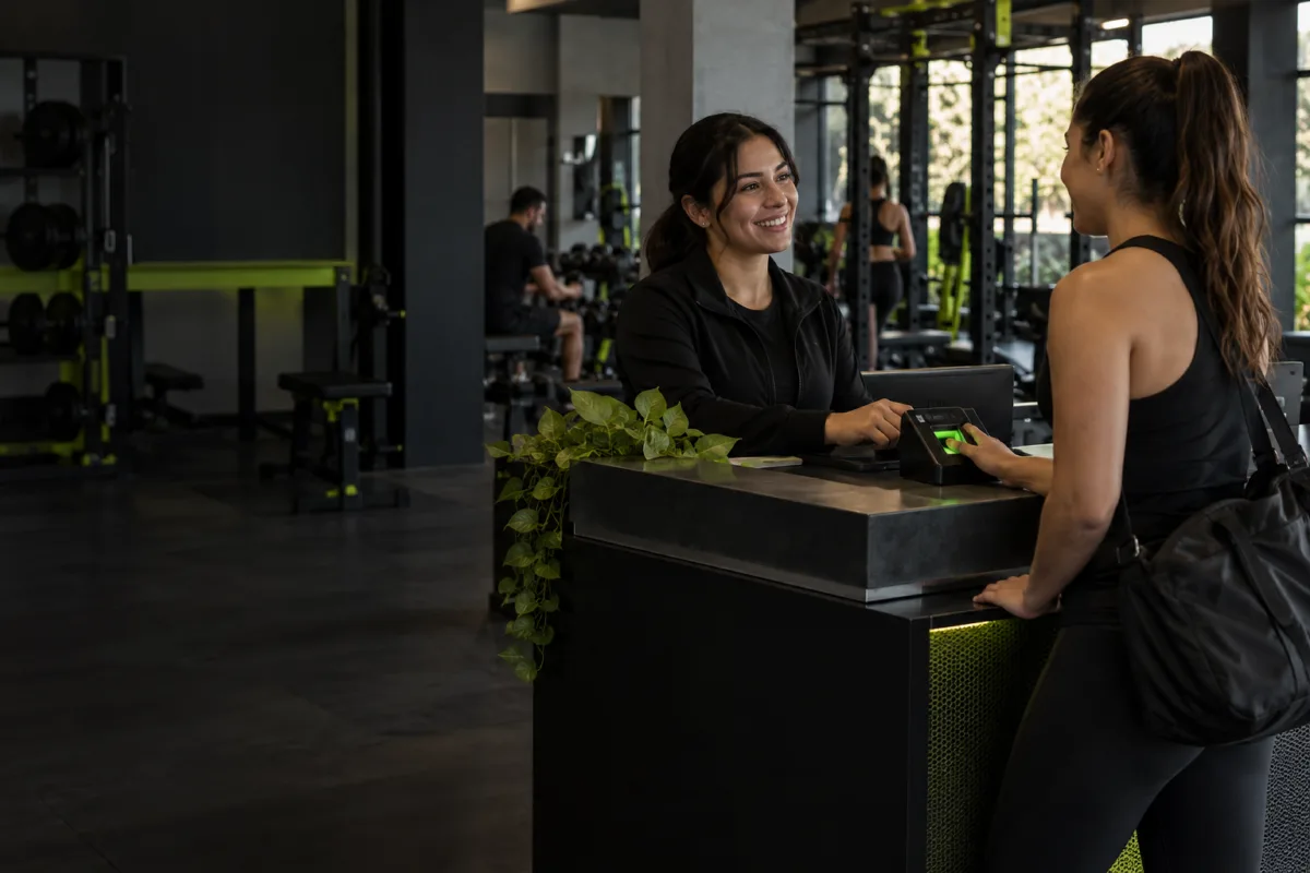 Recepcionista saludando a una clienta en la entrada de un gimnasio